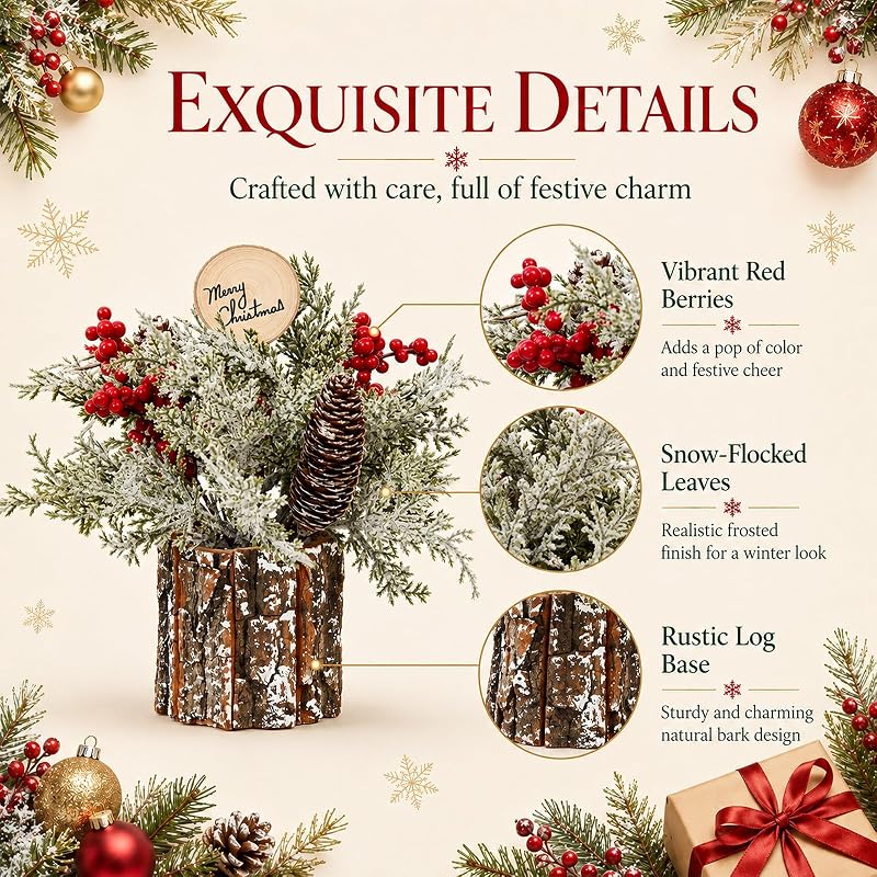 2 Pack Mini Christmas Trees with Red Velvet Pine Needles – Tabletop Decor, Rustic Stump Base