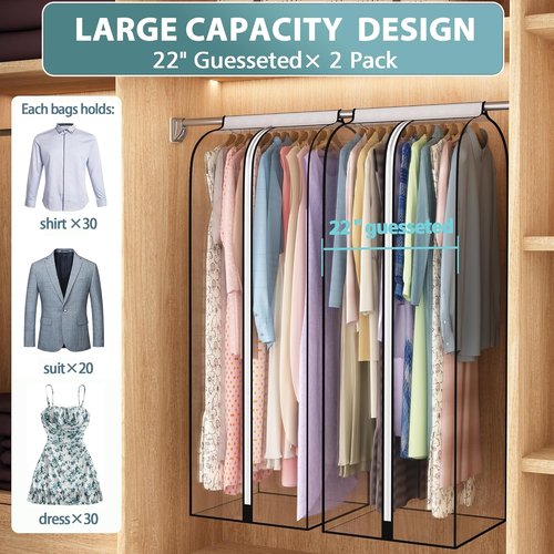 Liuoud 22” Gusseted Garment Bags - Clear Clothes Covers for Closet Storage | 2 Pack, 60” Long