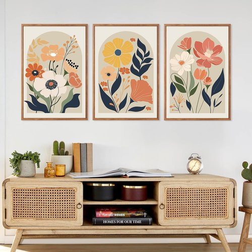 KAIRNE Boho Canvas Wall Art - Abstract Floral Prints Set of 3 (16”x24”) | Modern Minimalist Botanical Decor for Living Room & Office