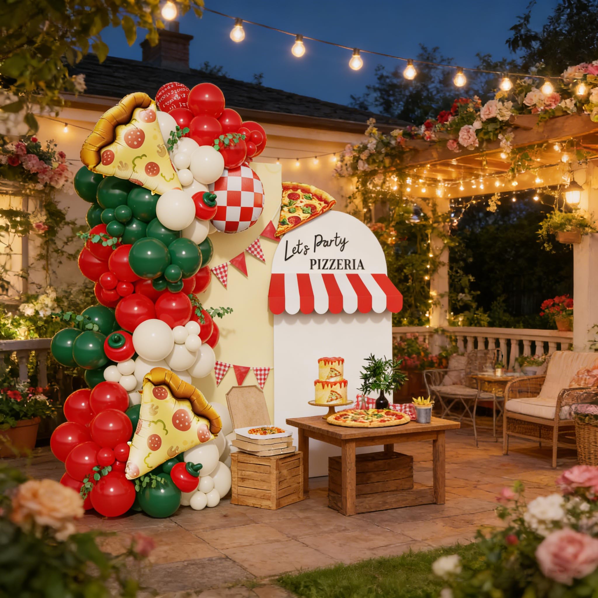 PageebO Pizza Party Decorations，150PCS Red Green Ivory White Balloons with Pizza Checkered Balloons for Pizza Party Favors BBQ Picnic Birthday Party Decorations Slice Slice Baby Shower Home Decor