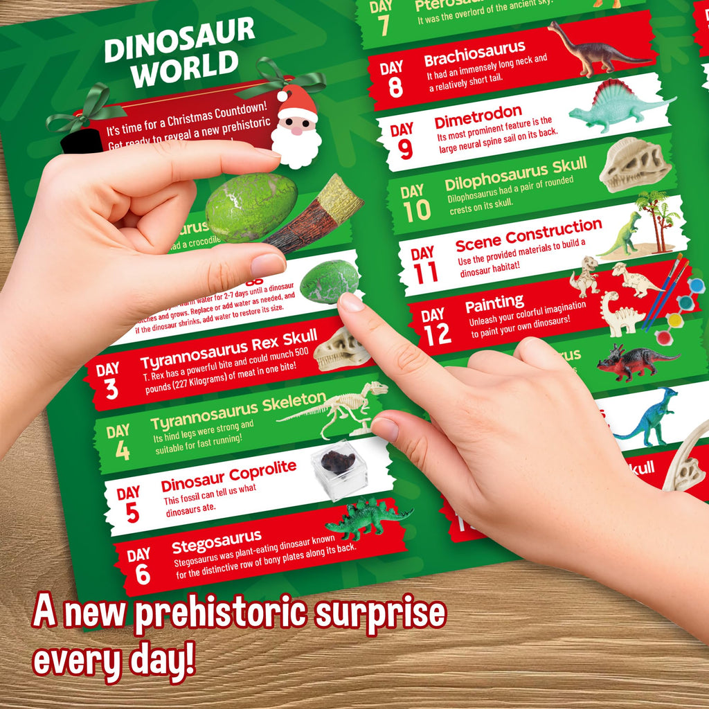 Dinosaur World Advent Calendar for Kids - 24 Days Prehistoric Surprise Christmas Countdown with Dino Figurines, Fossil Dig, Painting, Ideal Xmas Gift for Boys Girls