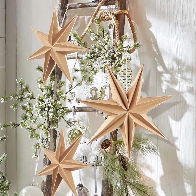 Christmas 12in 7-Pointed Natural Paper Star Hanging Decoration Set - 3 Warm Holiday Ornaments (Variation: Hot Brown Stars)