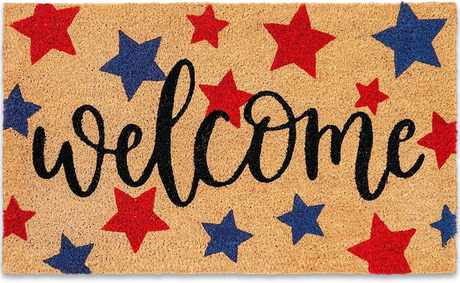 Whaline Patriotic Coir Door Mat - Non-Slip 4th of July Welcome Mat | Red & Blue Star Design, 16.5 x 29 Inch