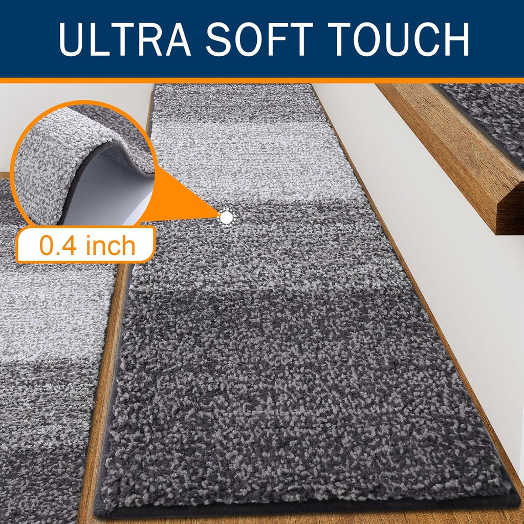 OLANLY Non-Slip Stair Treads - 15PCS Indoor Stair Runners for Wooden Steps | 8" x 30" Grey Edging Rugs with Reusable Peel and Stick Adhesive for Safety