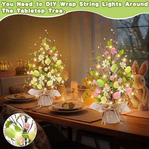 2 Pack & Timer - Lighted Easter Egg Tree Tabletop Easter Decorations 40 LED 18 Colorful Eggs 12 Flowers 20 Berries 112 Floral Berries Battery Operated Artificial Tree Decor Home Indoor Spring