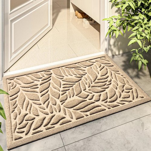 Bulijojo Front Door Mat Entrance,Durable Heavy Duty Welcome Mat,Thick Absorbent Natural Rubber Non Slip Mat,Sturdy Entryway Beige Leaves 17x30