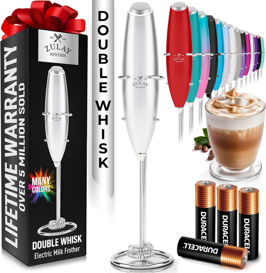 Zulay Kitchen Milk Frother - Powerful Handheld Whisk for Coffee, Lattes & Matcha | Includes 4 Duracell Batteries