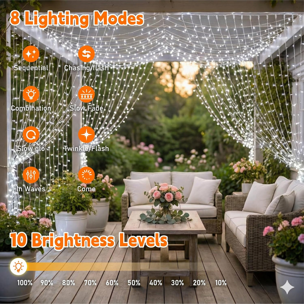 Skiennix Fairy Curtain String Lights - 200 LED White 6.6x6.6ft | 8 Modes Remote Control for Home Decor