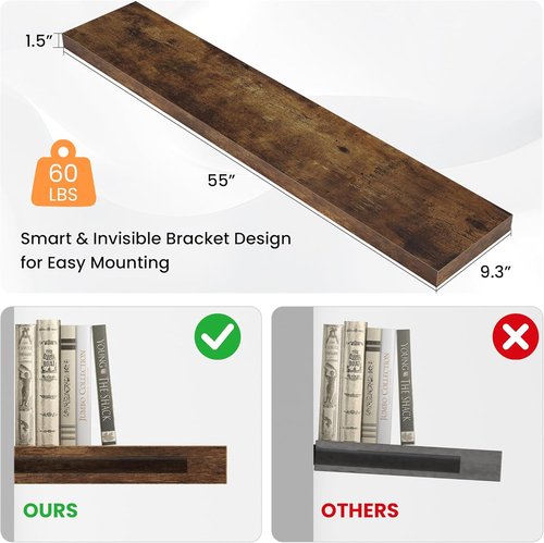 FLYJOE Floating Wall Shelf - Long Wooden Display Shelf with Invisible Brackets | 55"W x 9.3"D x 1.5"H, Rustic Brown