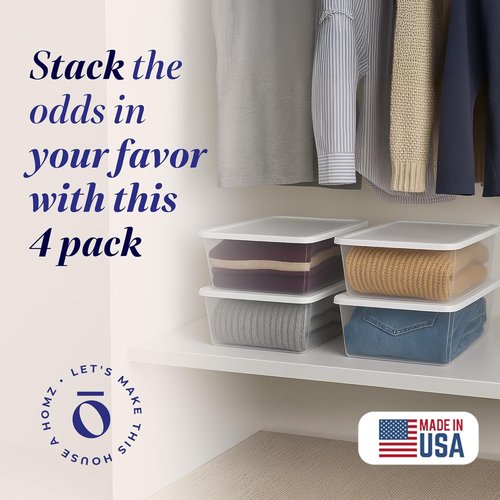 HOMZ Snaplock Storage Organizer Bins - 4-Pack Small Clear Plastic Containers with Lids, 12 Quart, White | Stackable for Home & Office Organization
