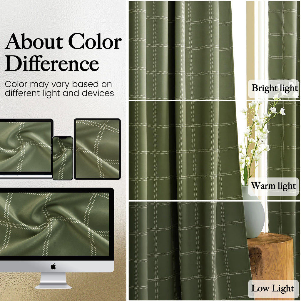 NICETOWN Buffalo Check Plaid 100% Blackout Curtains 84 Inches Long for Bedroom, Living Room Thermal Insulated Room Darkening Rod Pocket Back Tab Drapes, Olive Green, 52" W x 84" L, 2 Panels