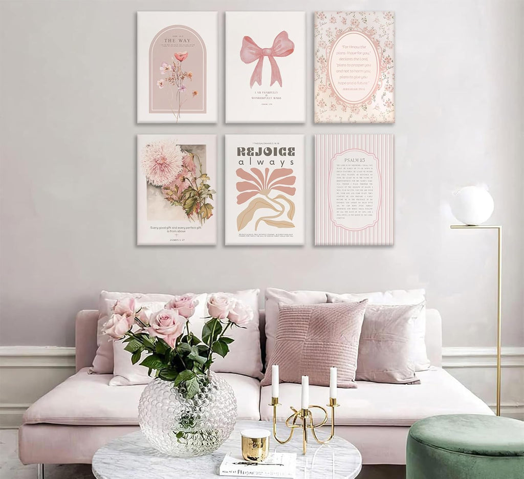 Skiennix 6-Piece Pink Christian Wall Art Set - Boho Floral Bible Verses Canvas Decor for Bedroom & Dorm