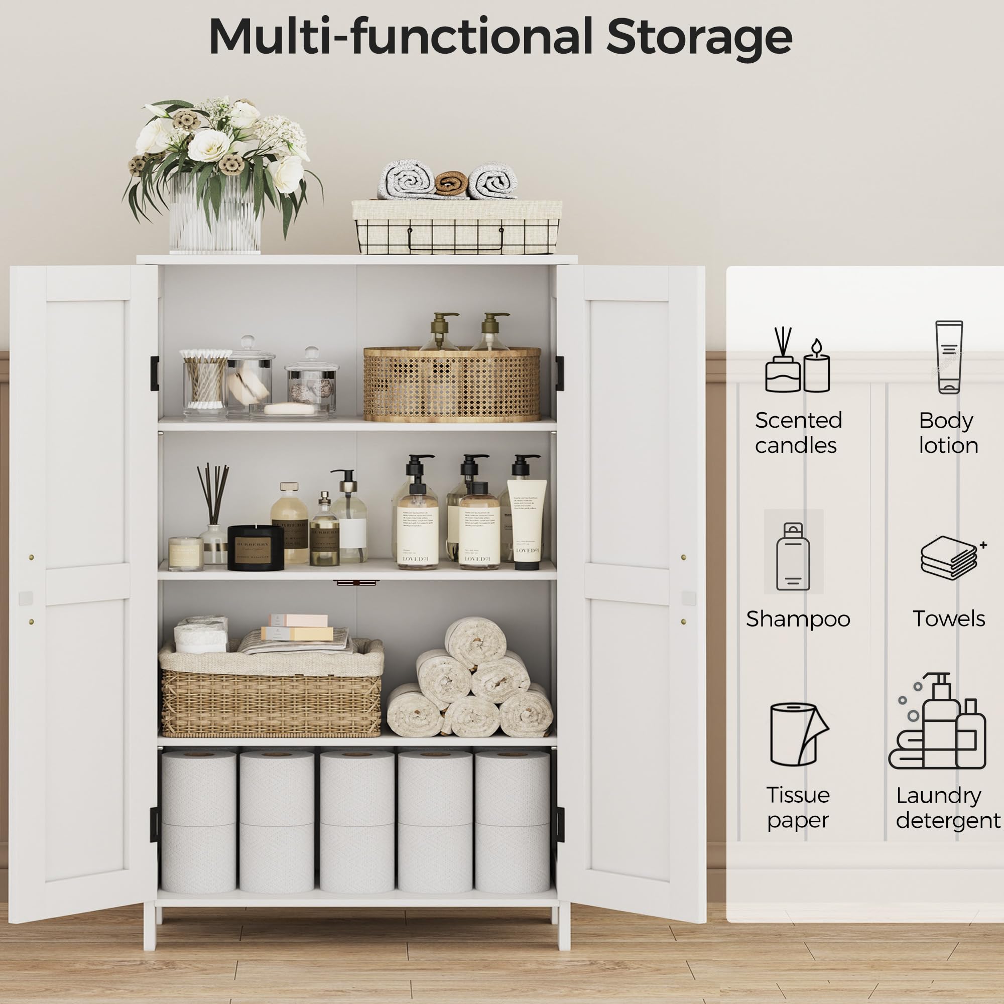 Homleke Farmhouse Bathroom Cabinet with Adjustable Shelves, Free-Standing Storage Cabinet with Barn Doors, for Kitchen, Living Room, Dining Room, Entryway, White