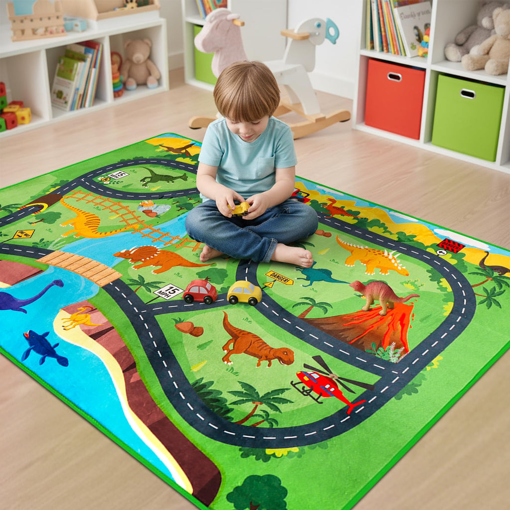 Car Rugs for Kids Toy,78.7"X59" Dinosaur Road Rugfor Kids,Non Slip Dino Safari Cars Track Rug,Washable Kids Carpet Playmat Rug for Playroom Bedroom Boys,Track Play Carpet for Kid