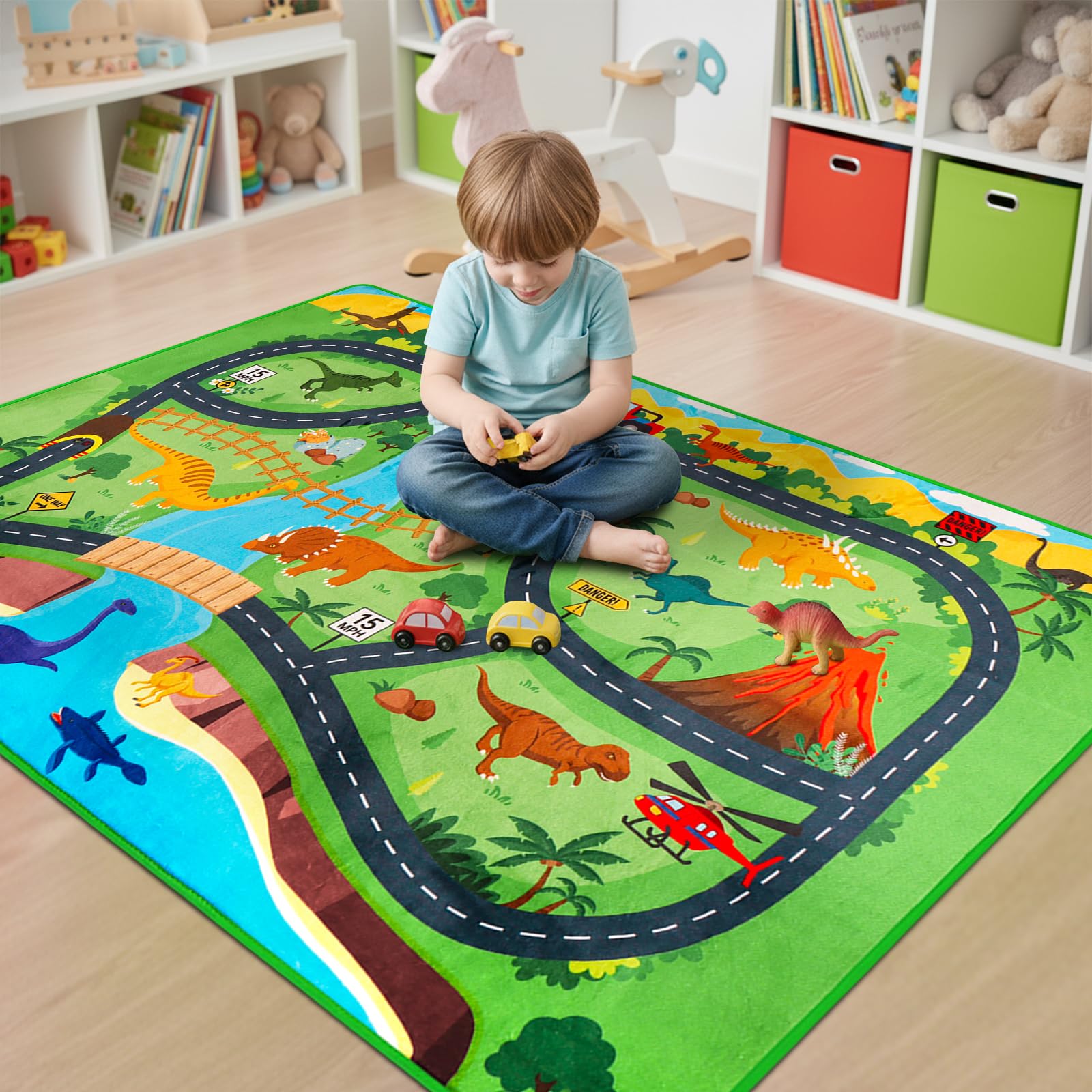 Car Rugs for Kids Toy,78.7"X59" Dinosaur Road Rugfor Kids,Non Slip Dino Safari Cars Track Rug,Washable Kids Carpet Playmat Rug for Playroom Bedroom Boys,Track Play Carpet for Kid