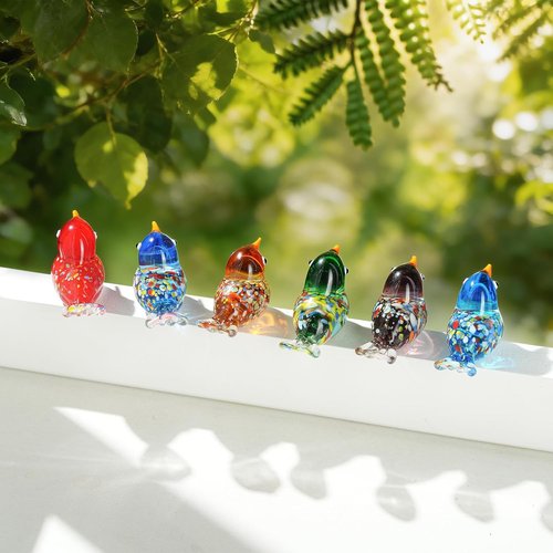 HDCRYSTALGIFTS Hand Blown Glass Bird Figurines - 6pcs Miniature Animal Statues for Home Decor | Unique Gifts for Mom