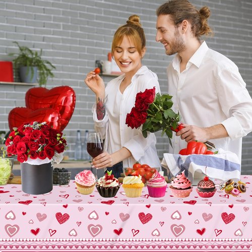 DUYIY Valentine's Day Table Cover 3 Pcs Pink Heart Print Tablecloth for Home Kitchen Dining Party Decor, Holiday Celebration, 54" x 108"