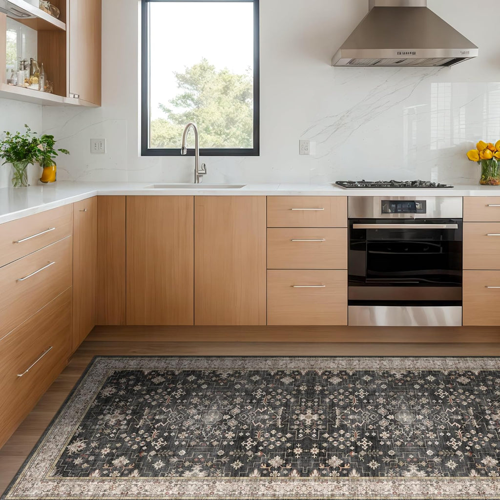 Skiennix Black Boho Kitchen Runner Rug - Washable, Non-Slip, Stain & Fade Resistant | 3x6 Vintage Floral Design