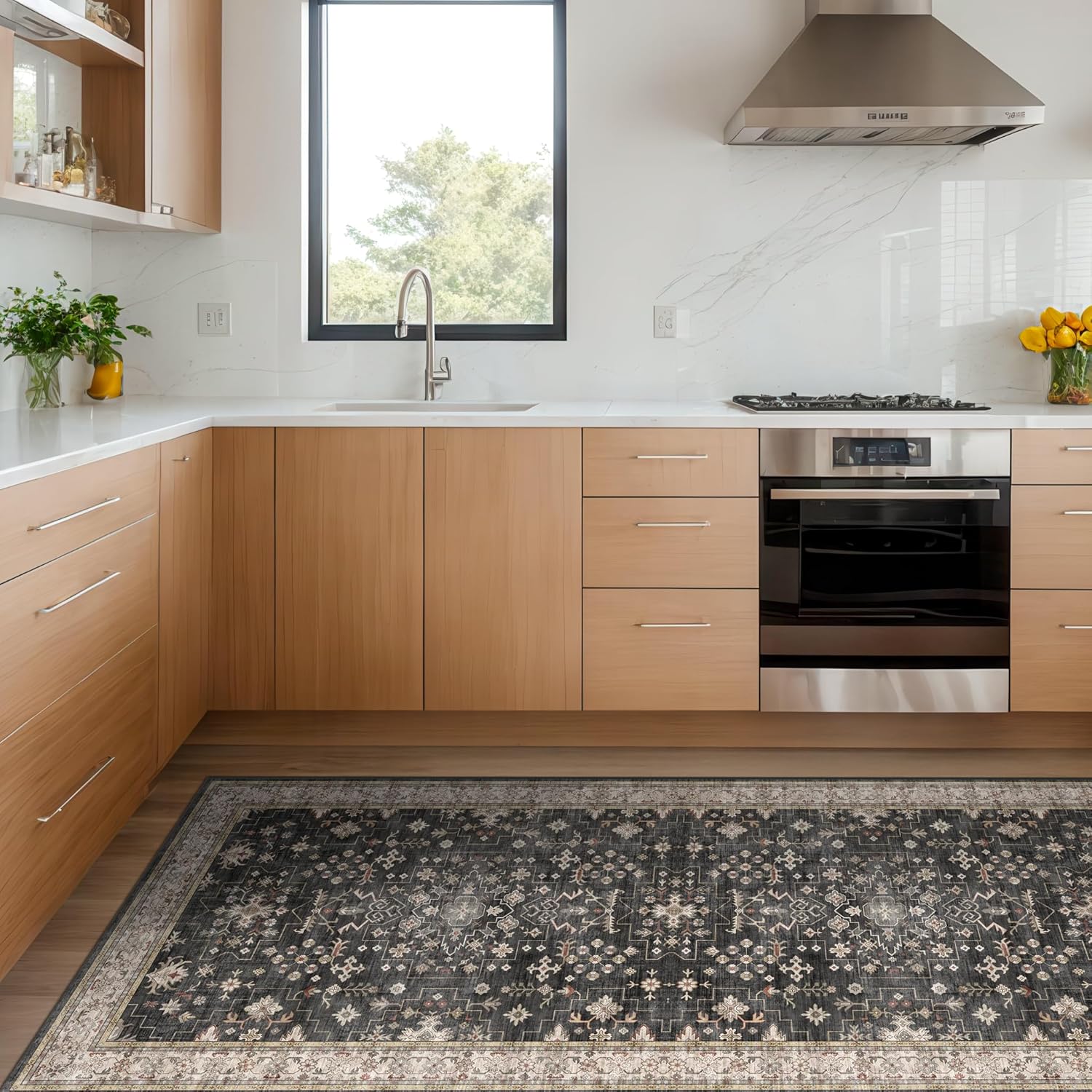 Skiennix Black Boho Kitchen Runner Rug - Washable, Non-Slip, Stain & Fade Resistant | 3x6 Vintage Floral Design