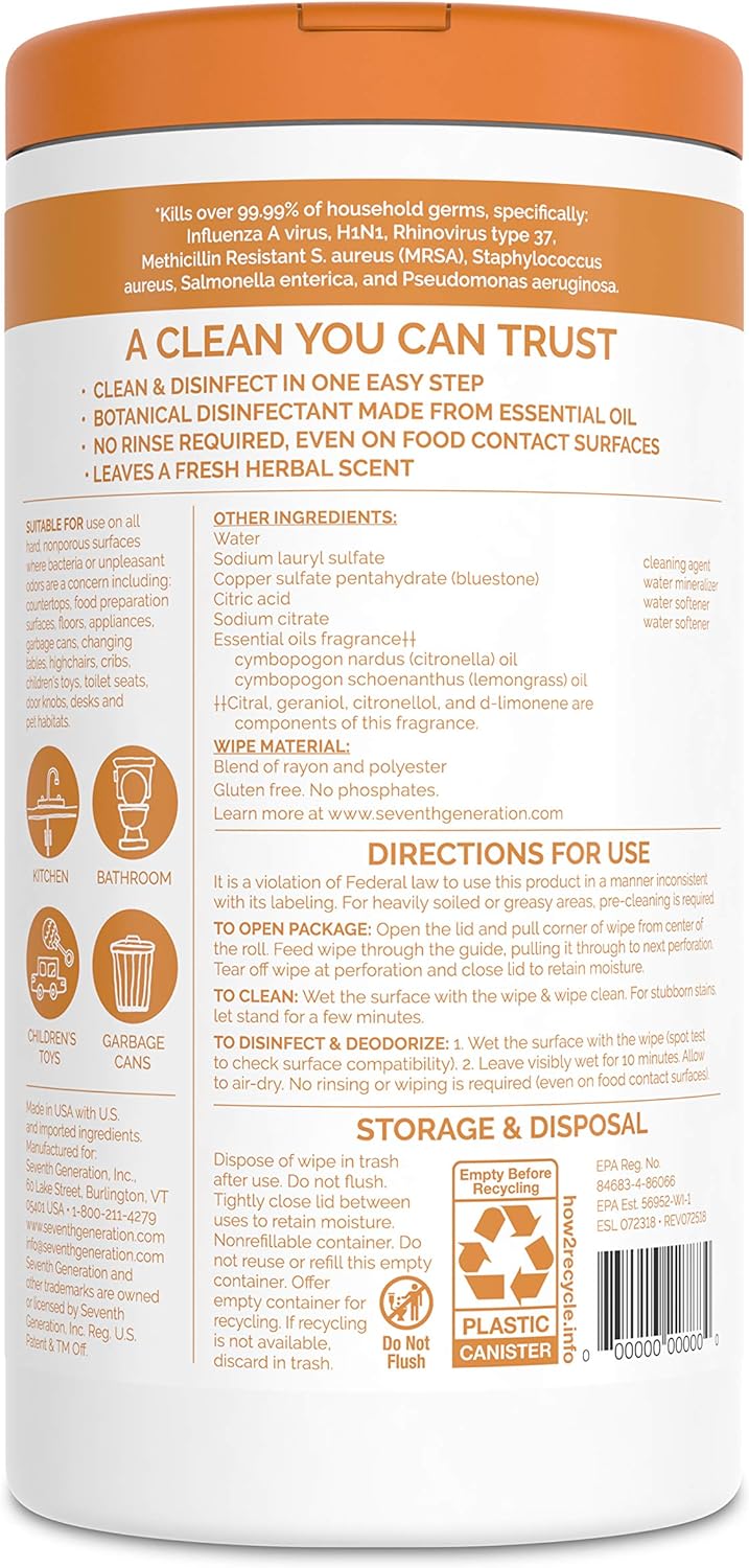 Seventh Generation Disinfecting Multi-Surface Wipes - Botanical Formula, 70 Count, Pack of 6