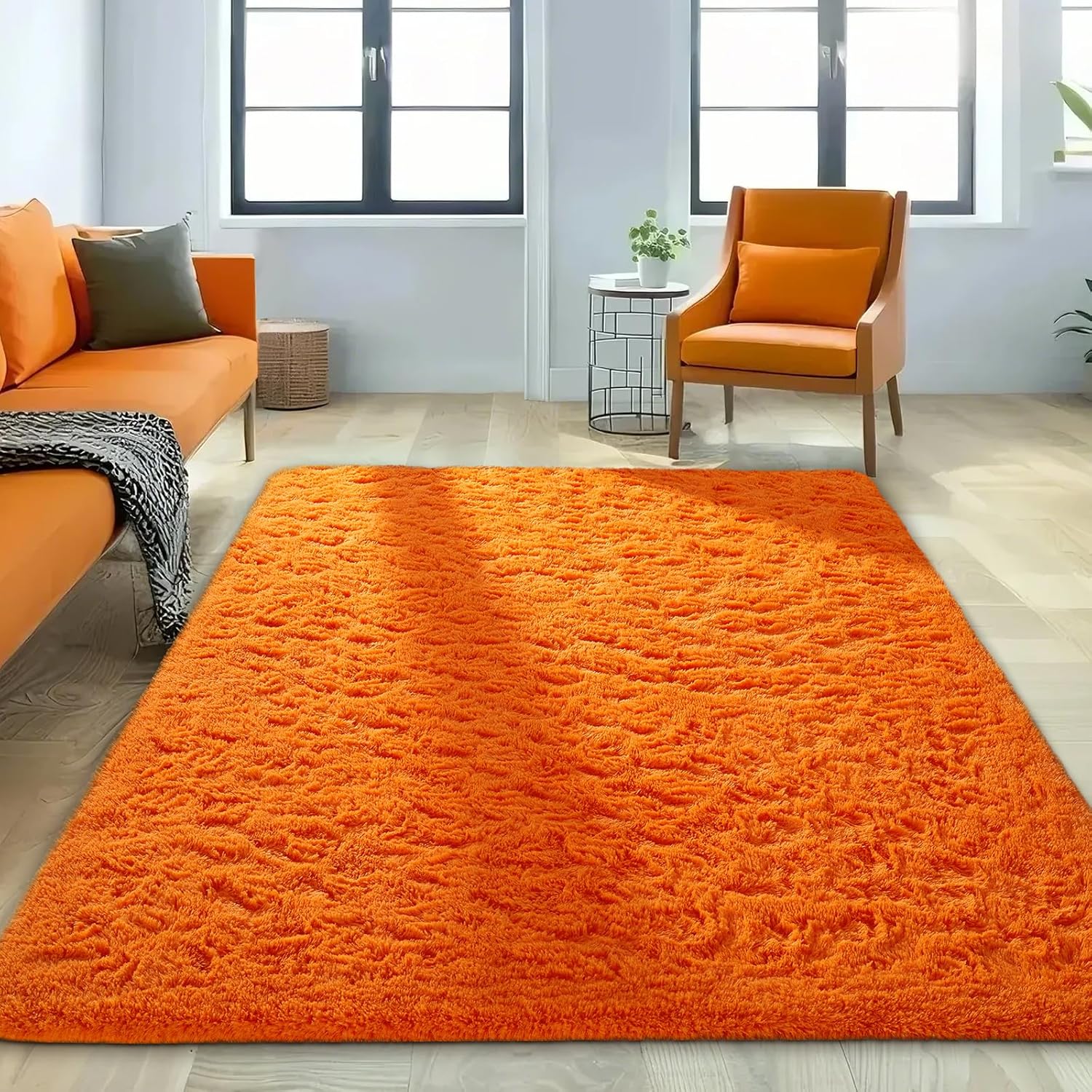 Ophanie Orange Area Rug - Plush 5x8 Fluffy Carpet for Living Room & Bedroom Decor | Soft Shaggy Design