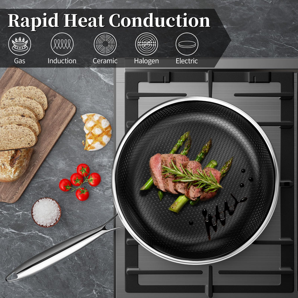 Innerwell Stainless Steel Frying Pans 11 Inch Titanium Ceramic Nonstick Frying Pans Hybrid Tri-Ply Nonstick Honeycomb Kitchen Cooking Pan Compatible with All Cooktops PFOA/PFAS/PTFE Free