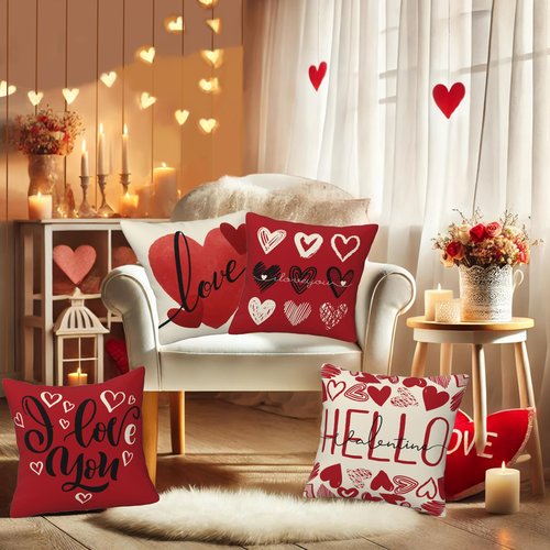 AGAXOZW Valentine's Day Throw Pillow Covers Set of 4, 18x18 Inches Love Heart Pillow Covers Home Décor for Sofa Couch Bedroom Valentines Day Decorations