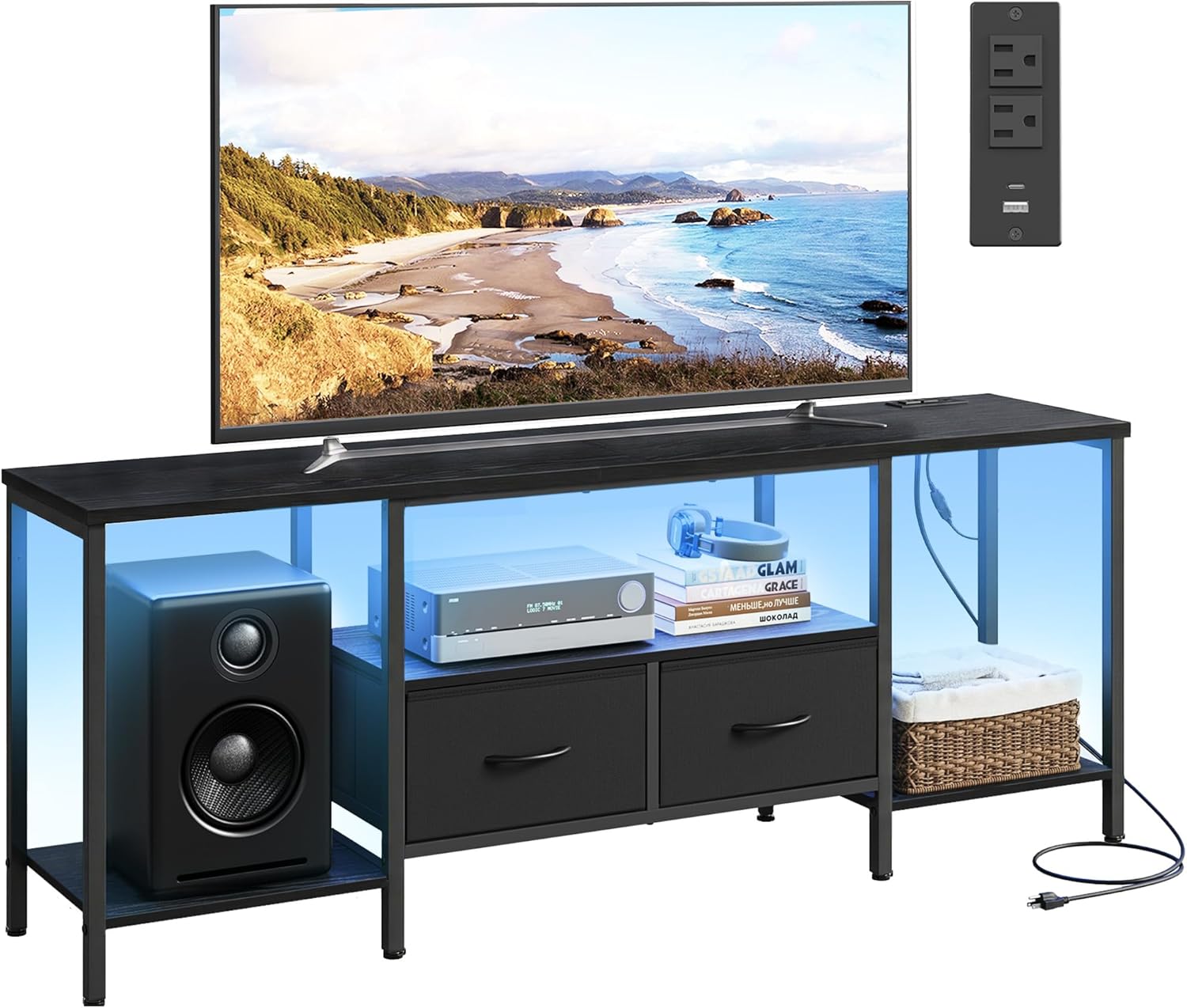 SONGMICS TV Stand - Modern Entertainment Center with Power Outlets & Lights for TVs Up to 70 Inches | Ink Black