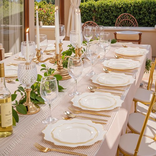 WDF 200PCS Ivory Plastic Plates with Gold Rim - Cream Plastic Plates - Include 100 Dinner & 100 Dessert Fancy Disposable Plate for Party - Heavy Duty Plate for Wedding Baby Shower Spring
