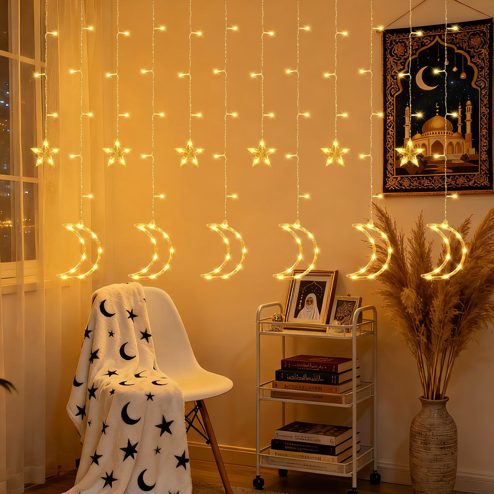 BomKra Dazzle Bright Ramadan Curtain String Lights, 138 LED Warm White Star Moon Fairy Lights 8 Lighting Modes with Remote and 12 Hooks for Bedroom Wall, Outdoor Party, Ramadan Decorations