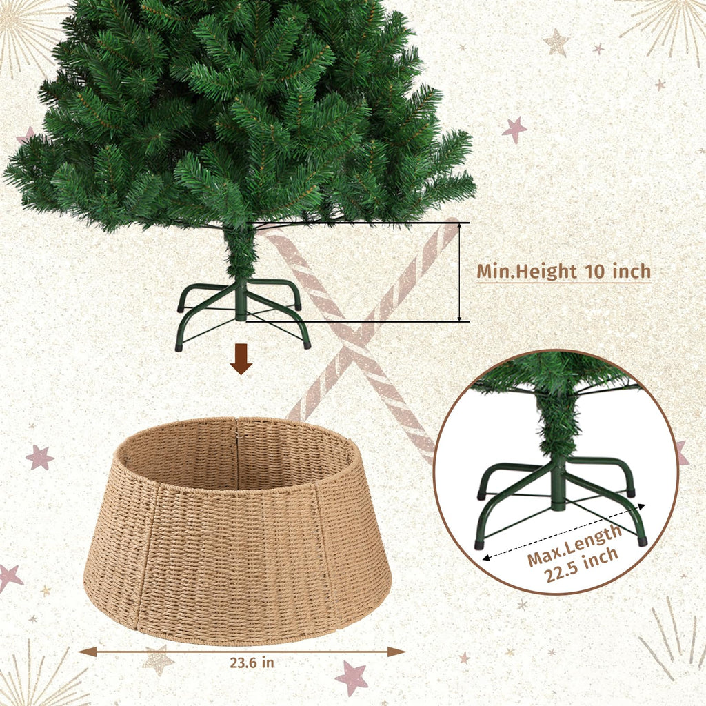 OIAHOMY Christmas Tree Collar, Wicker Holiday Tree Skirt & Stand Base Cover,Paper Rope Christmas Decor, Natural-24 inch