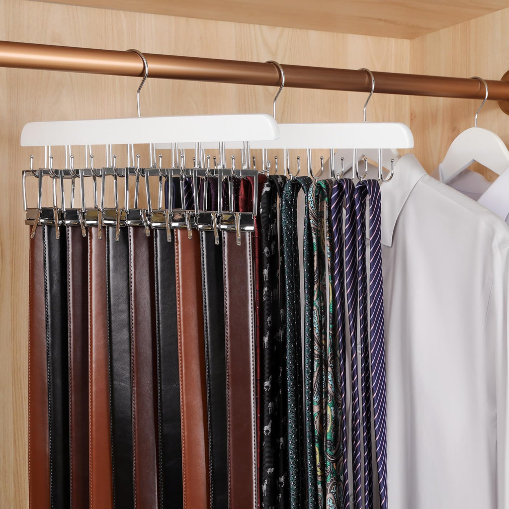 TOPIA HANGER 20 Hooks 2 in 1 Belt Tie Hanger for Closet Max 30 Belts with 30 Ties Capacity, Belt Tie Racks Wooden Hanger for Closet Organizer Storage “U” Fit for Belt and “一” Fit for Tie - CT47W