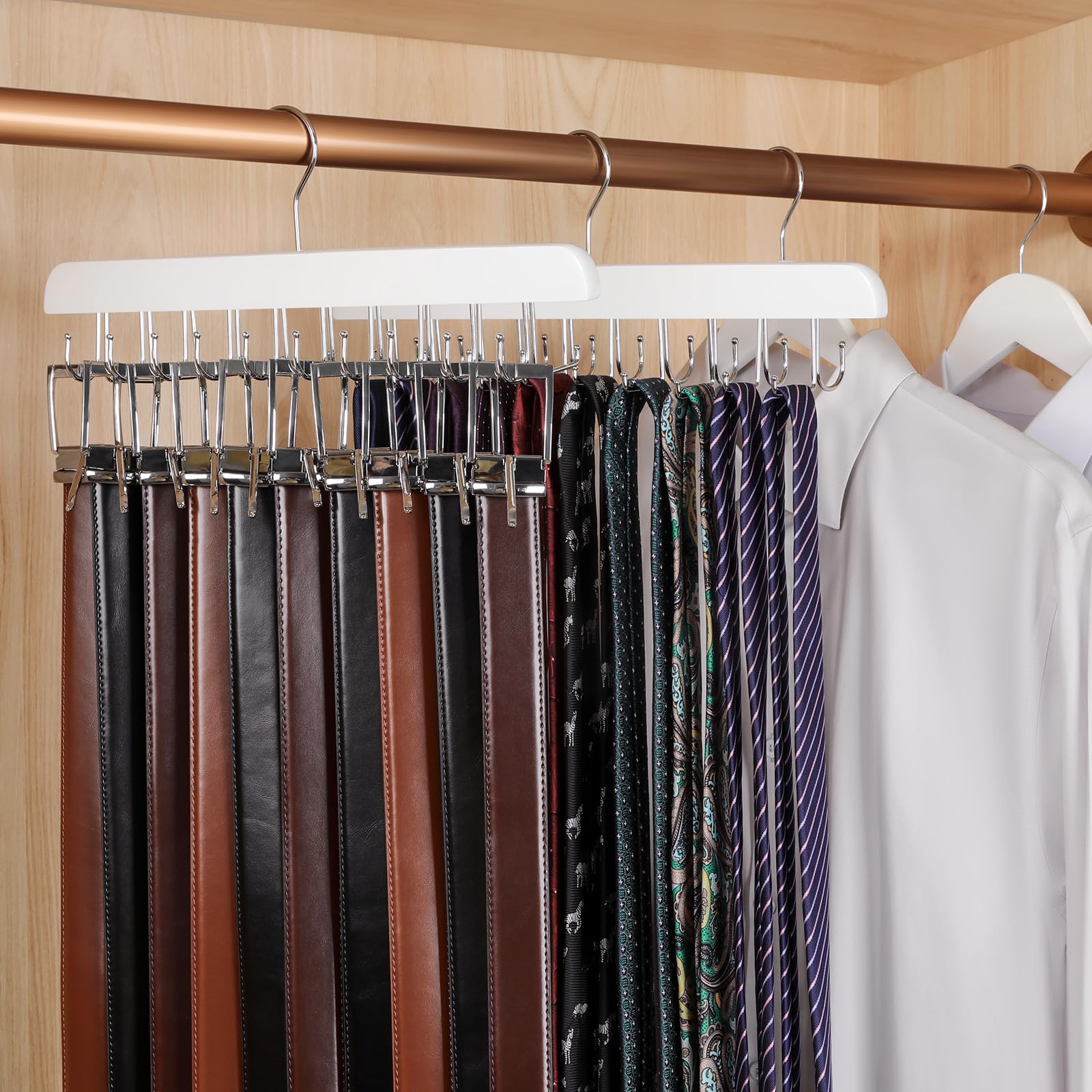 TOPIA HANGER 20 Hooks 2 in 1 Belt Tie Hanger for Closet Max 30 Belts with 30 Ties Capacity, Belt Tie Racks Wooden Hanger for Closet Organizer Storage “U” Fit for Belt and “一” Fit for Tie - CT47W