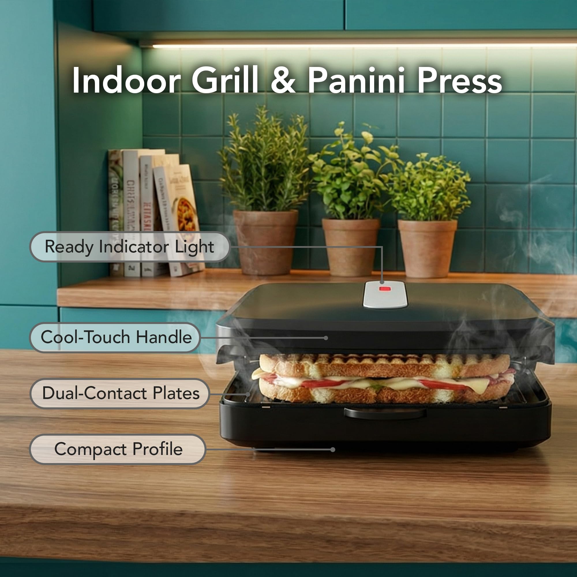 OVENTE 2-Serving Electric Indoor Grill & Panini Press with Easy Clean Non-Stick Plate Coating, Opens 180 Degrees, 8.15" x 7.4" Space Saving Design, 750W Contact Grill for Burgers & More, Black GP222B