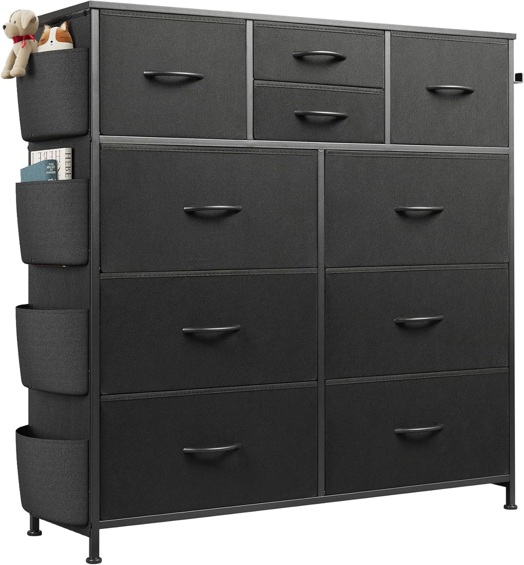 WLIVE Dresser - 10 Drawer Fabric Chest with Side Pockets & Hooks | Sturdy Metal Frame, Black