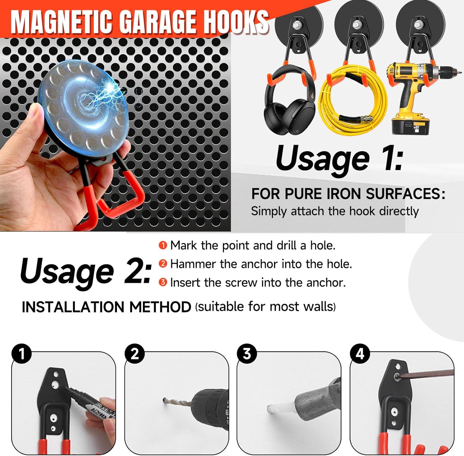 Skiennix Magnetic Hooks - Heavy Duty 4 Pack with Anti-Slip Coating | Ideal for Garage & Workshop Use