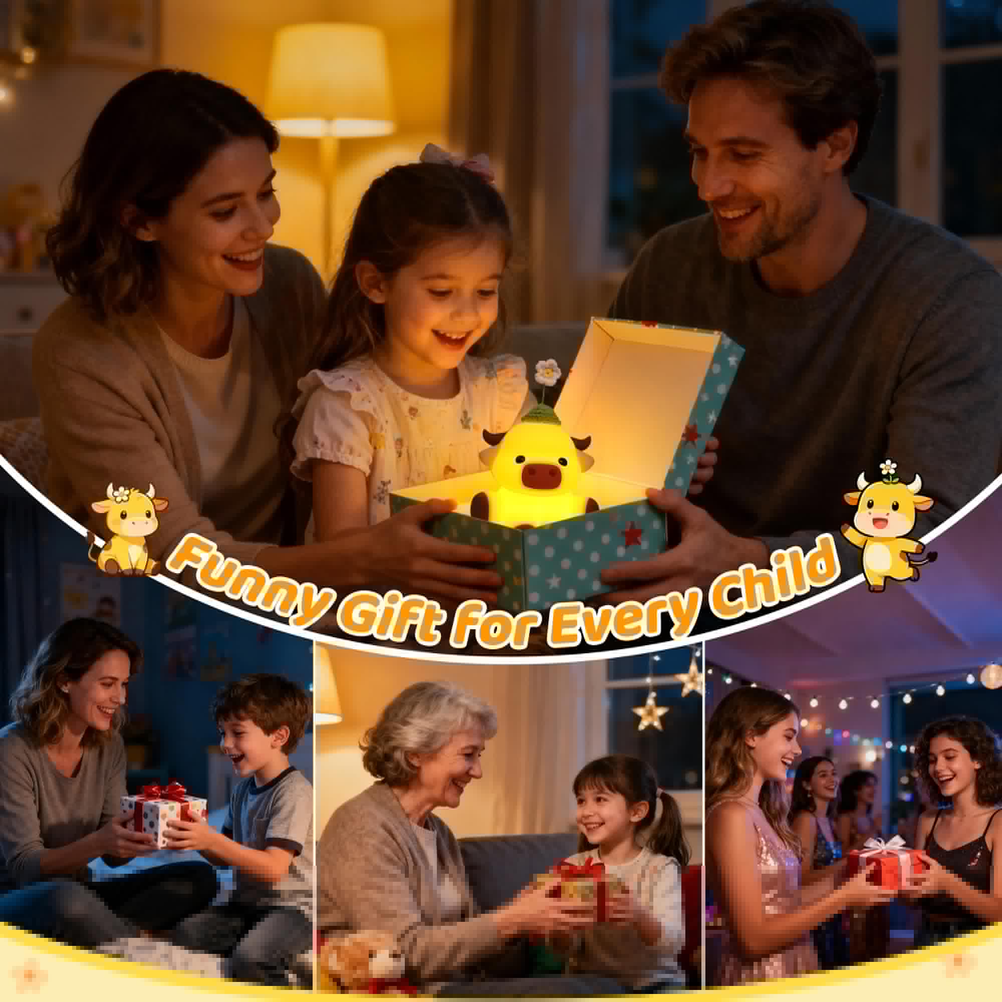 Attivolife Highland Cow Night Light for Kids, Flower Cow Cute Animal Gift Soft Silicone LED Lamp with Dimmable and Timer, Bedroom Bedside Table Decor, Birthday Christmas Gifts for Children Baby