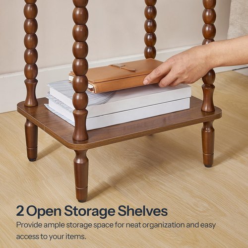 HOOBRO End Table, 2-Tier Small Side Table with Spindle Legs, Nightstand with Storage Shelves, Sofa Side Table, for Small Space, Living Room, Bedroom, Walnut WL189BZ01