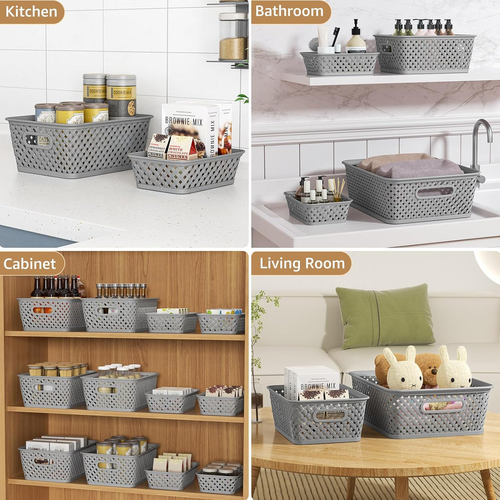MaxGear Storage Bins - 3-Pack Plastic Organizer Baskets with Handles | Large Grey Woven Design for Home & Office