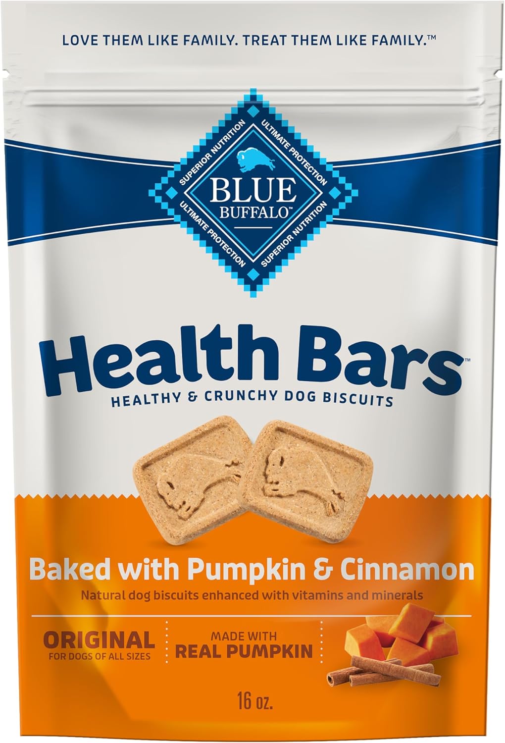 Blue Buffalo Crunchy Dog Biscuits - Oven-Baked Health Bars with Pumpkin & Cinnamon | 16 oz Bag