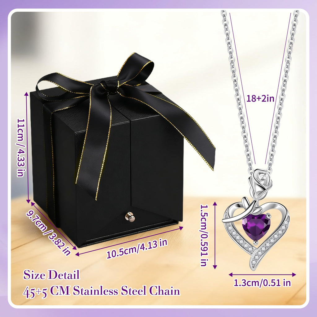 Sereney Preserved Purple Flower Rose with Necklace, Forever Flowers Eternal Rose with Purple Heart Jewelry Mothers Day Gifts for Women Mom Wife Grandma Friend as Christmas Birthday Gifts