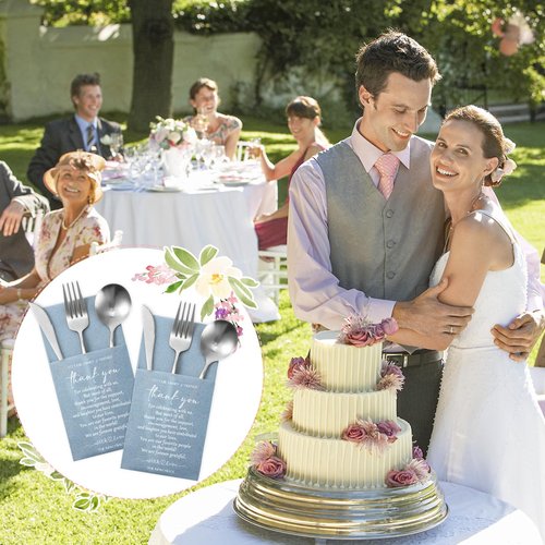 Qilery 100 Plain Thank You Wedding Napkins Cocktail Napkins Newlyweds to Family Friends Guests with Built in Flatware Pocket Tissues Bridal Shower Rehearsal Dinner Party Supply(Haze Blue)