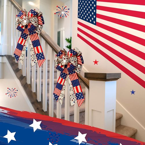 Jutom Patriotic Bow Wreath - Red, White & Blue Star Burlap Bow for 4th of July & Veterans Day | Indoor/Outdoor Decor