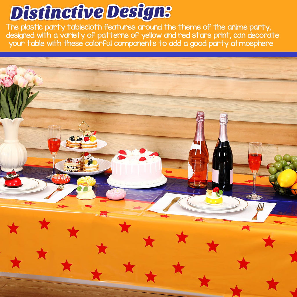 Oudain 3 Pcs Anime Theme Tablecloth 108 x 54 Inches Cartoon Table Covers Yellow Blue and Red Stars Print Table Cloth for Birthday Party Decoration