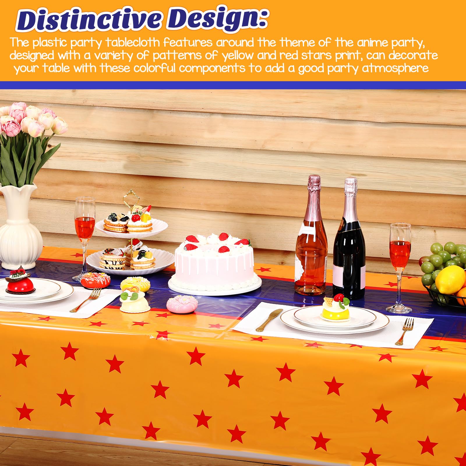 Oudain 3 Pcs Anime Theme Tablecloth 108 x 54 Inches Cartoon Table Covers Yellow Blue and Red Stars Print Table Cloth for Birthday Party Decoration