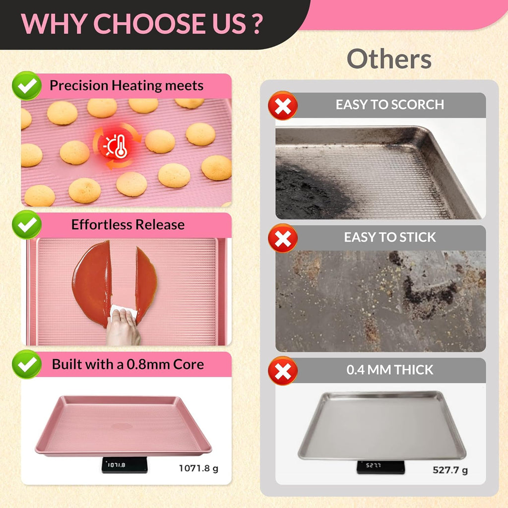 Professional Non-Stick Baking Sheets Set - 3-Piece Heavy Duty Carbon Steel Cookie Sheets | Oven Safe & Even Heating (Pink)