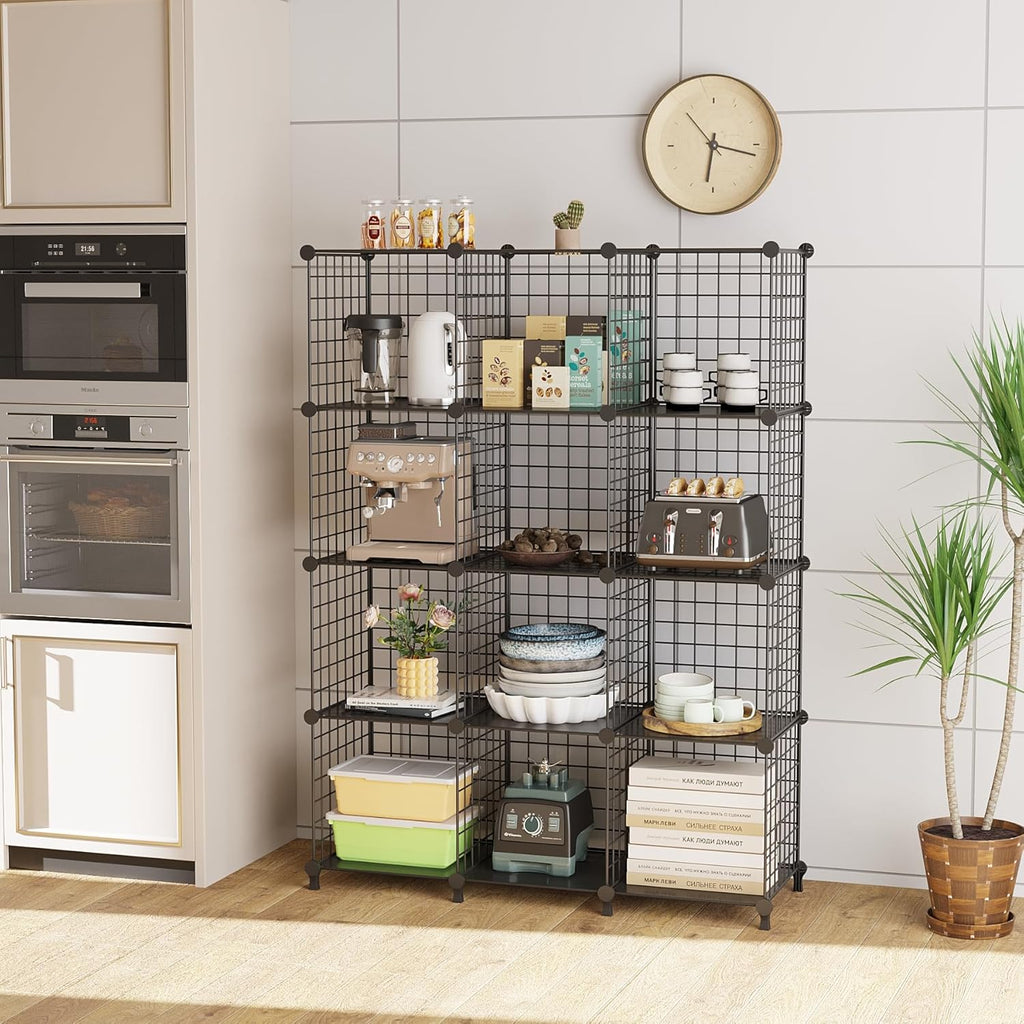 ATTJL12B 12-Cube Storage Organizer - Modular Metal Wire Shelving Unit | 11.8" L x 11.8" W x 11.8" H, Black