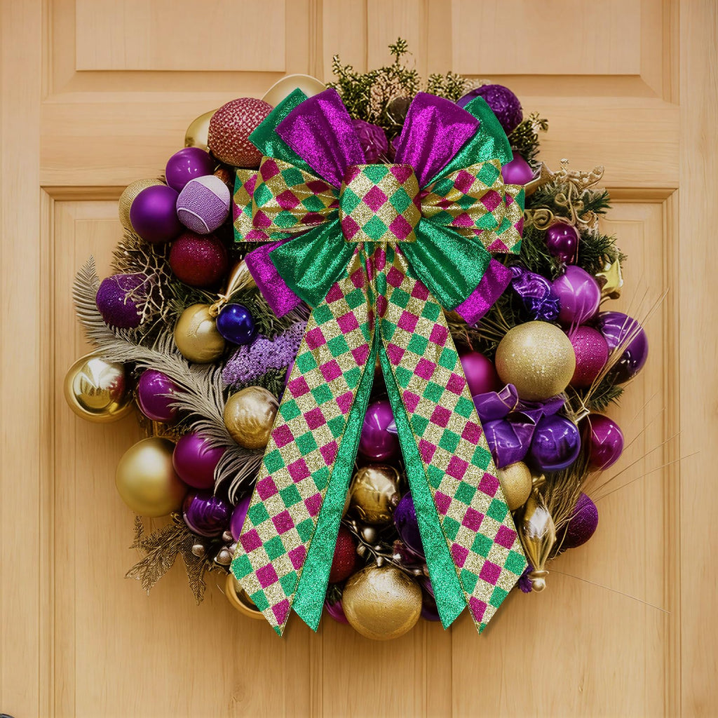 2 Pcs Mardi Gras Bows for Wreaths Decorations,12”x20” Large Glitter Tree Topper Bow Decor for Holiday Party Wall Home Front Door Float Golf Cart Gold Green Purple