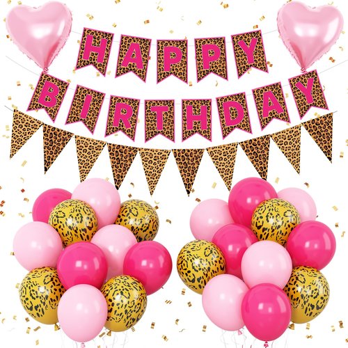 Pink Leopard Birthday Decorations, Gold Cheetah Print Animal Balloons Hot Pink and Heart Balloons, Cheetah Happy Birthday Banner for Safari Wild Birthday Baby Shower Jungle Theme Party Supplies