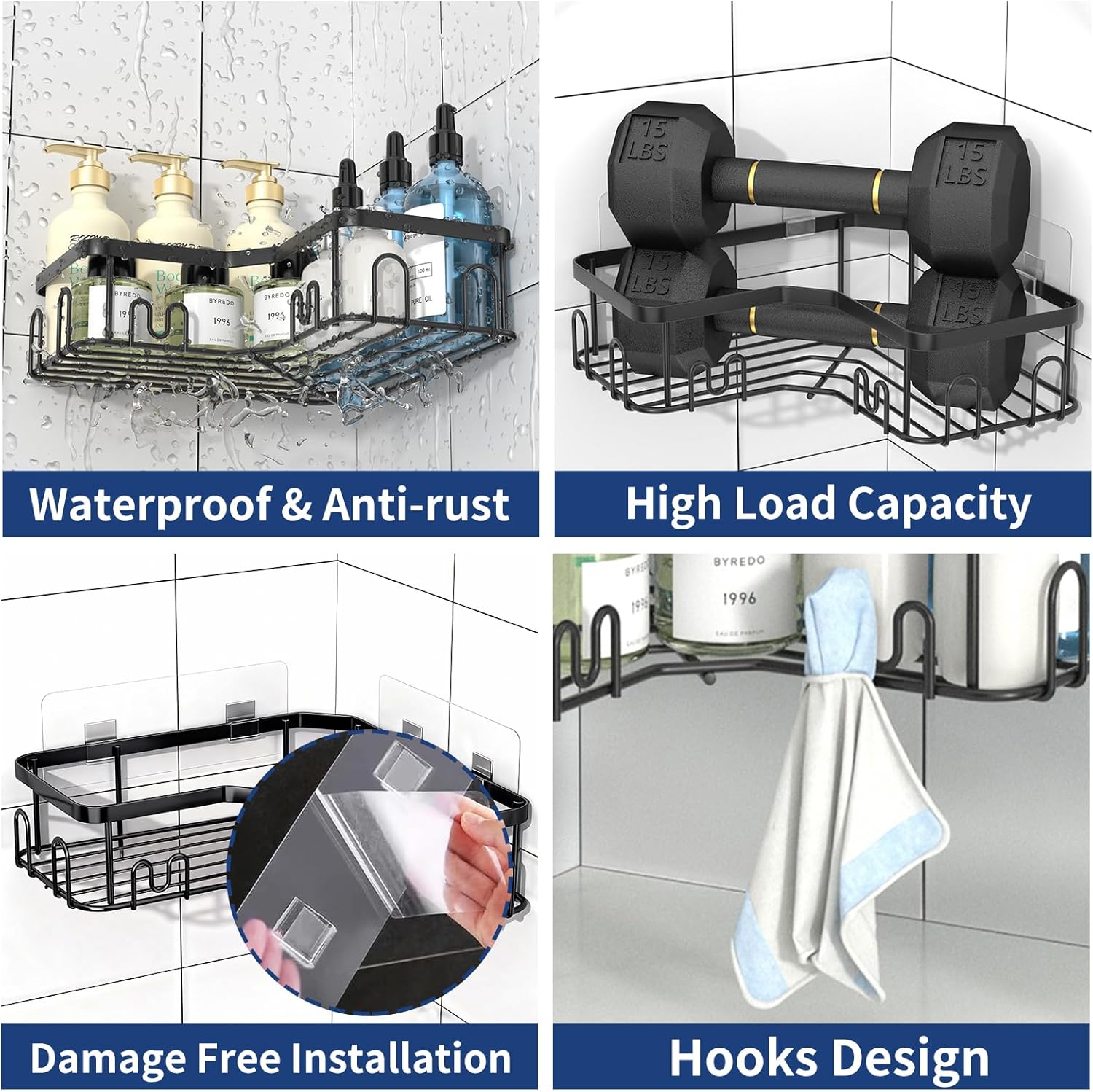 Menbyci Corner Shower Caddy - 3 Pack Adhesive Bathroom Shelves with 18 Hooks | Rustproof Stainless Steel, Black